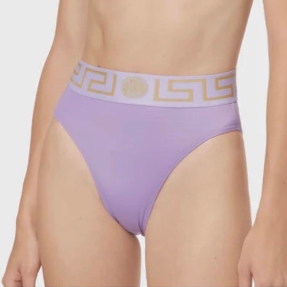 VERSACE Greca Border High Leg Swim Briefs Bottoms Purple NEW Size 1